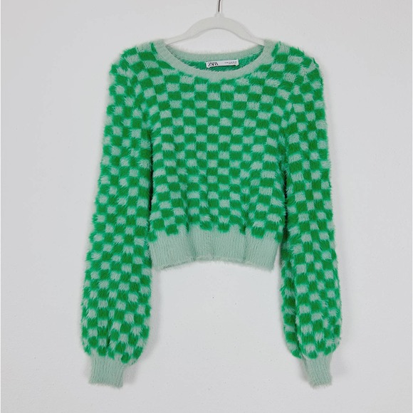 ZARA Green Check Fluffy Knit Crew Neck Cropped Sweater Size Medium - Picture 4 of 7
